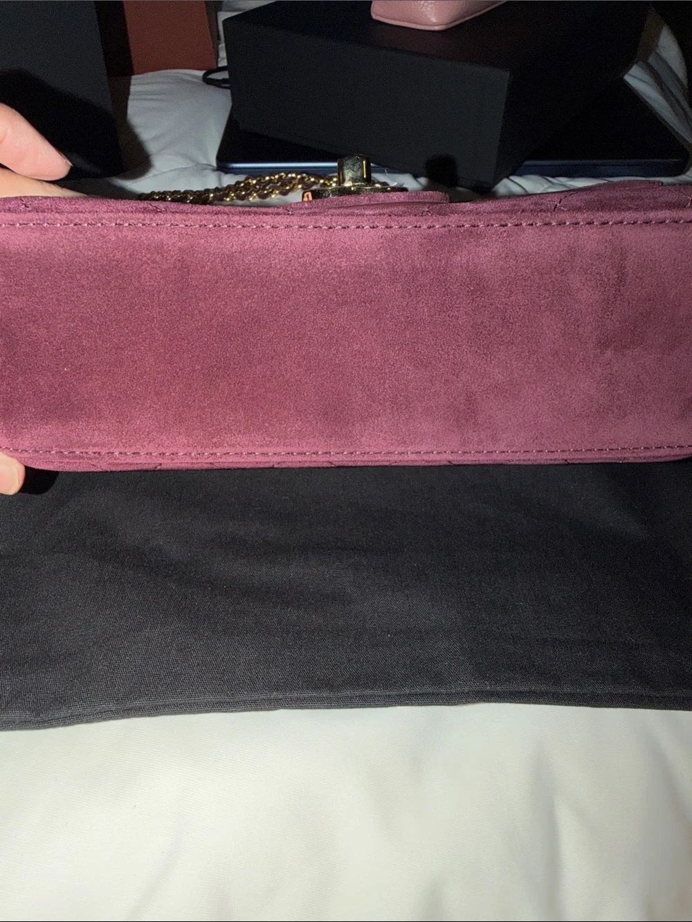 CHANEL Souplissimo mini Burgundy Quilted Suede Shoulder Bag with Gold Chain